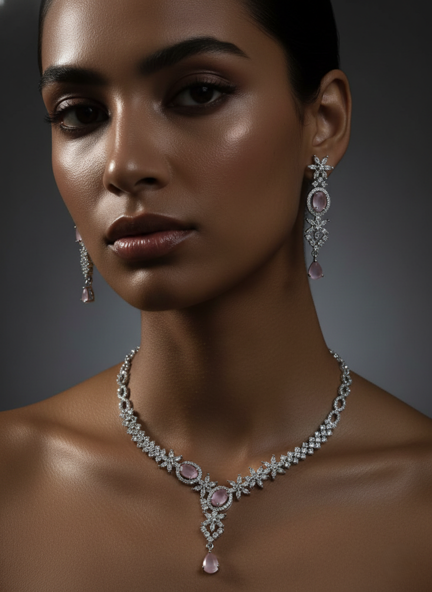 Nisa Pink Tulip AD Necklace & Earring Set