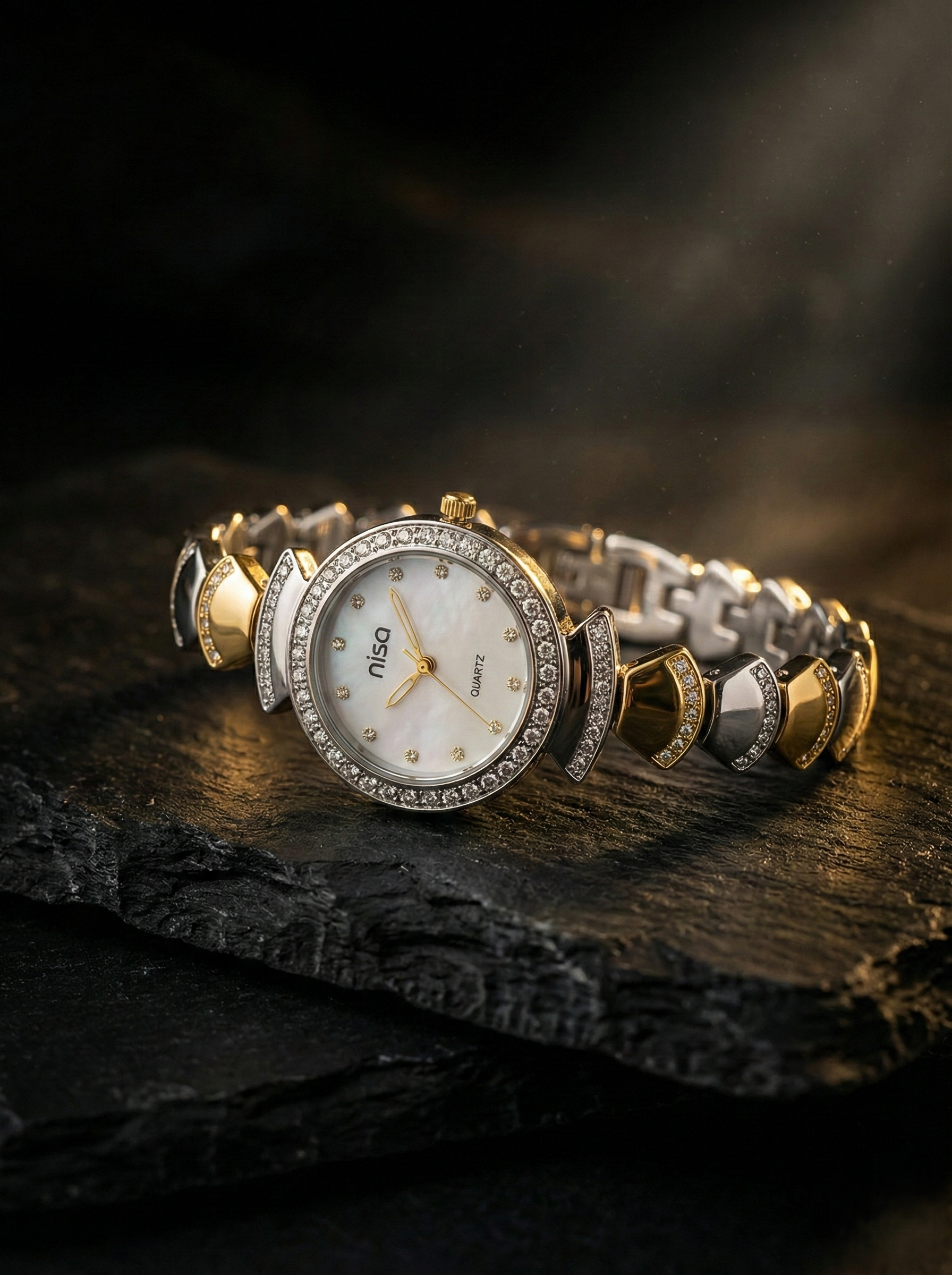 Nisa Designer Two-Tone Women’s Watch with Crystal Accents – Gold & Silver