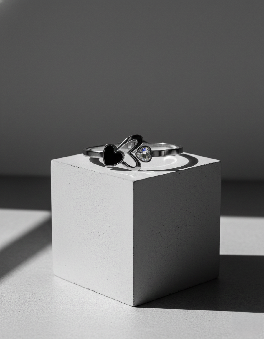 Nisa Premium Silver-Polish Heart Design With Diamond And Black Ceramic Studded Bracelet For Women and Girls