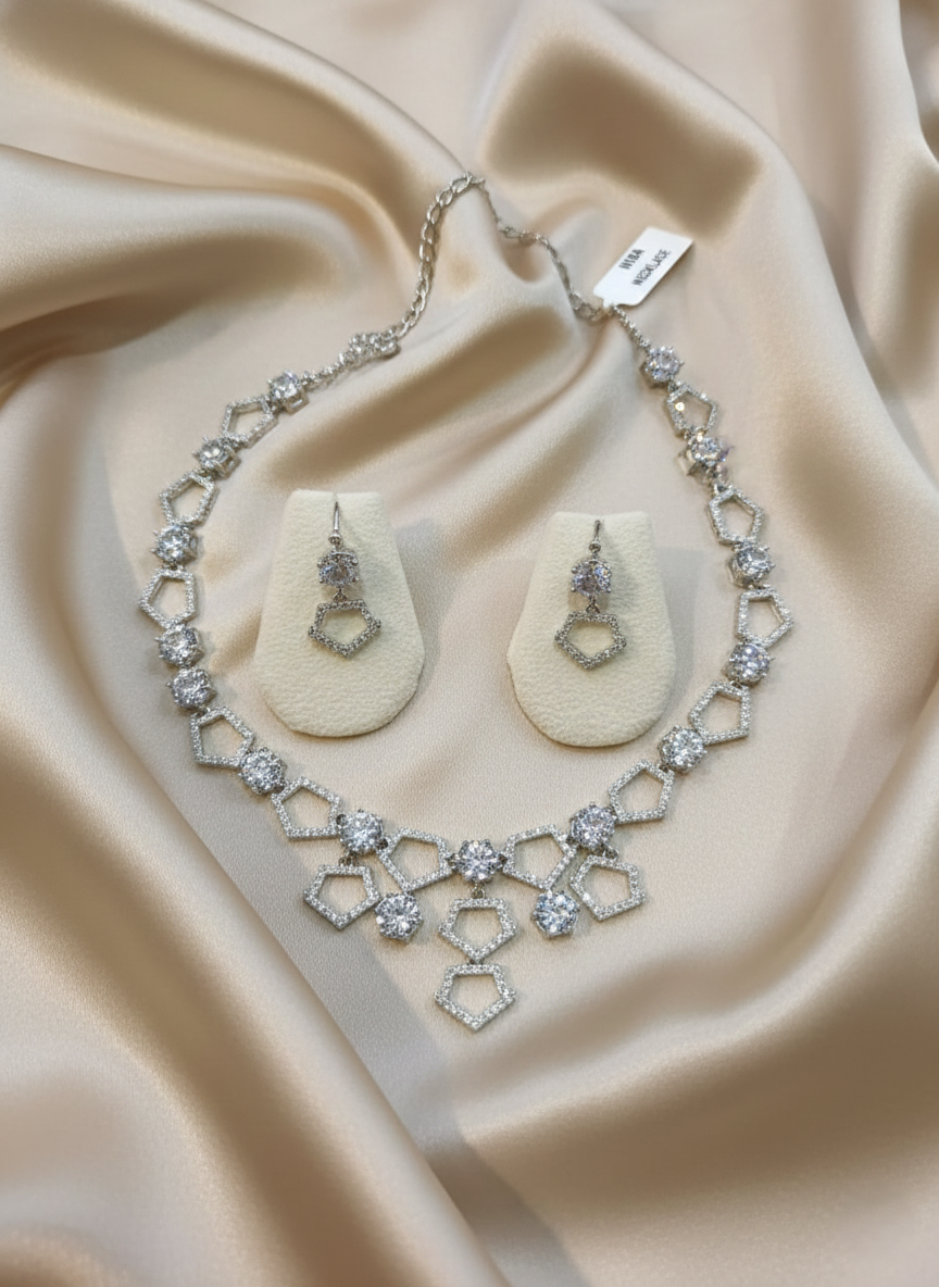 NISA Rhodium-Plated AD Necklace & Earring Set
