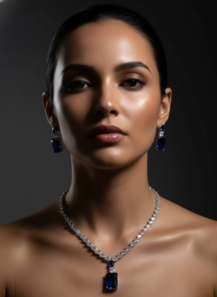 Sapphire Blue & Pear-Cut Zirconia AD Necklace Set