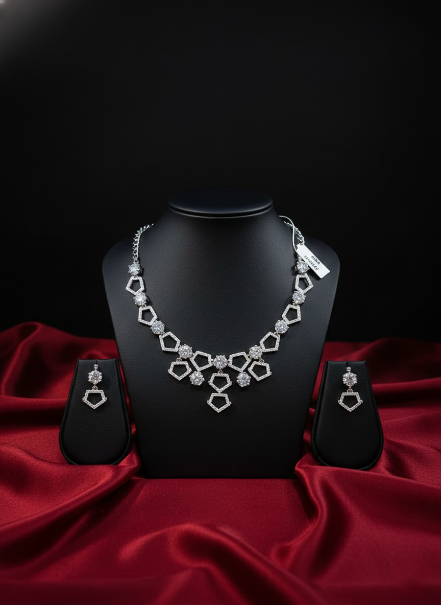 NISA Rhodium-Plated AD Necklace & Earring Set