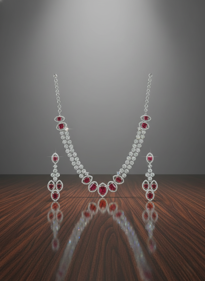 Ruby Red & Floral AD Necklace Set