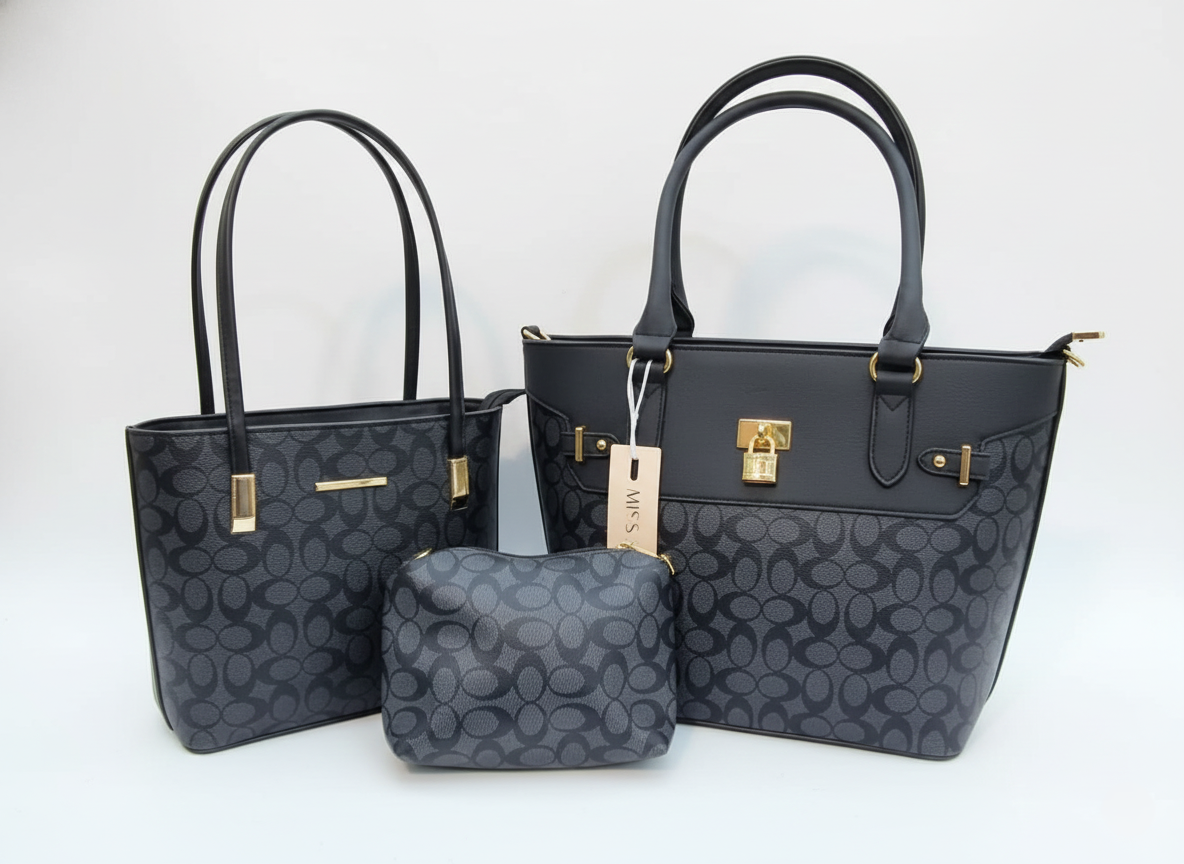 3-Pcs Combo Tote & Satchel Set - Midnight Charcoal