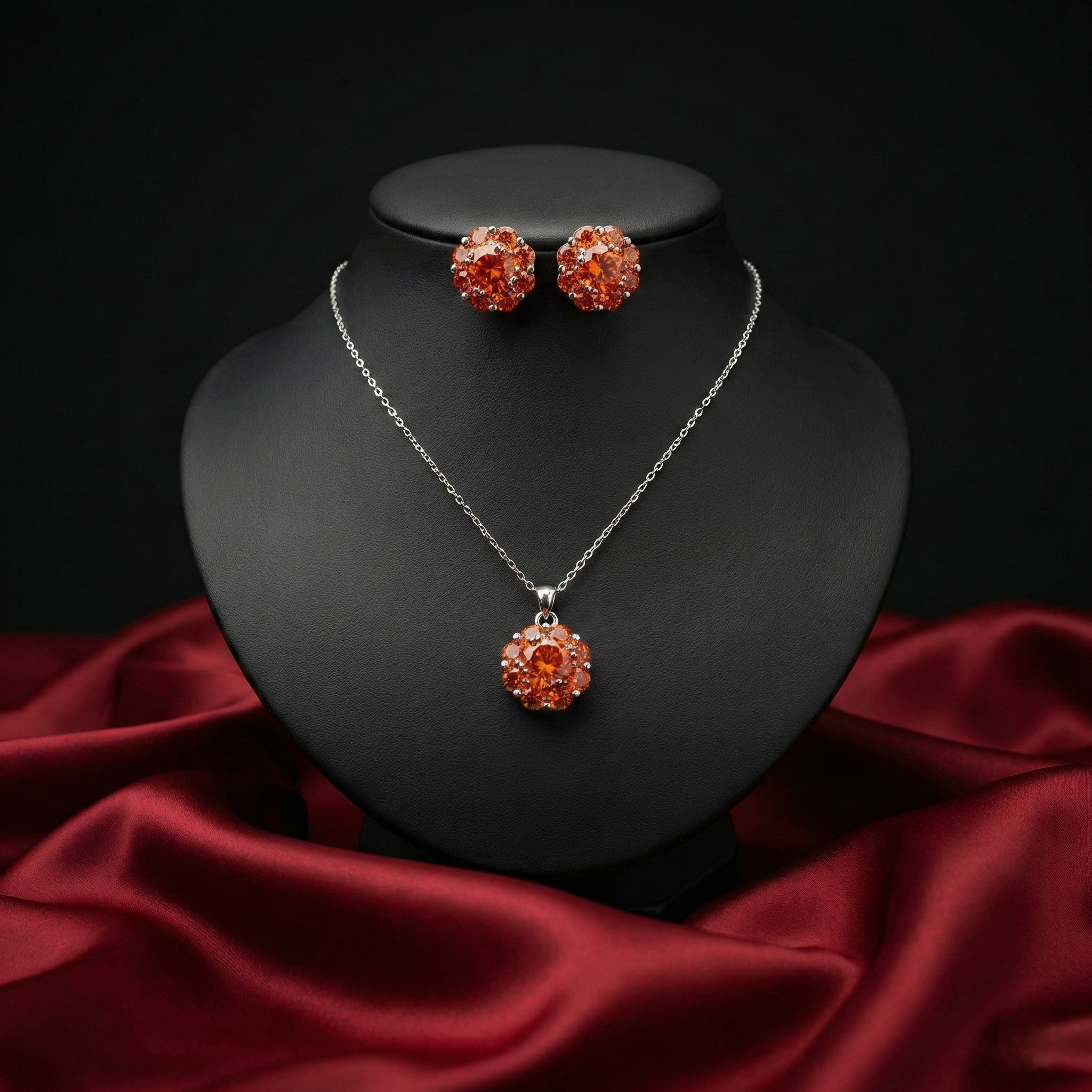 Crystal Floral Pendant Set – Silver Finish