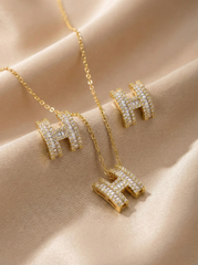 Luxe H-Design Baguette Stone Pendant Set with Matching Earrings