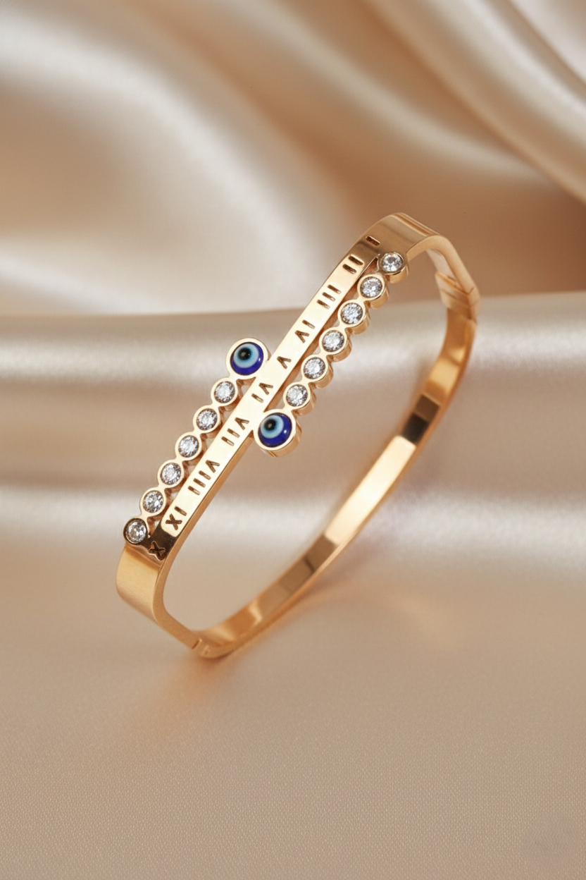 Nisa Premium Rose-Gold Polish Evil-Eye Design With Diamond Studded Bracelet For Women and Girls