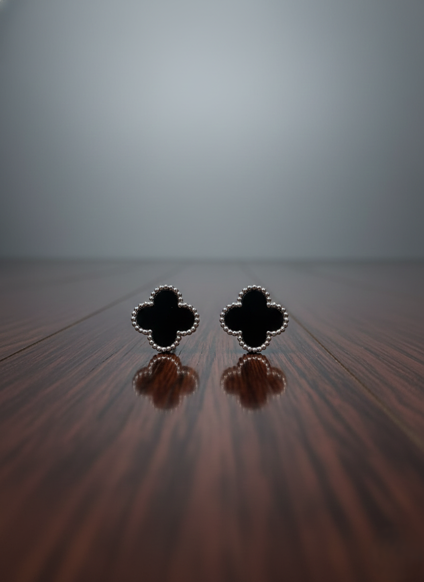 Stainless Steel Silver Black Clover Earrings.