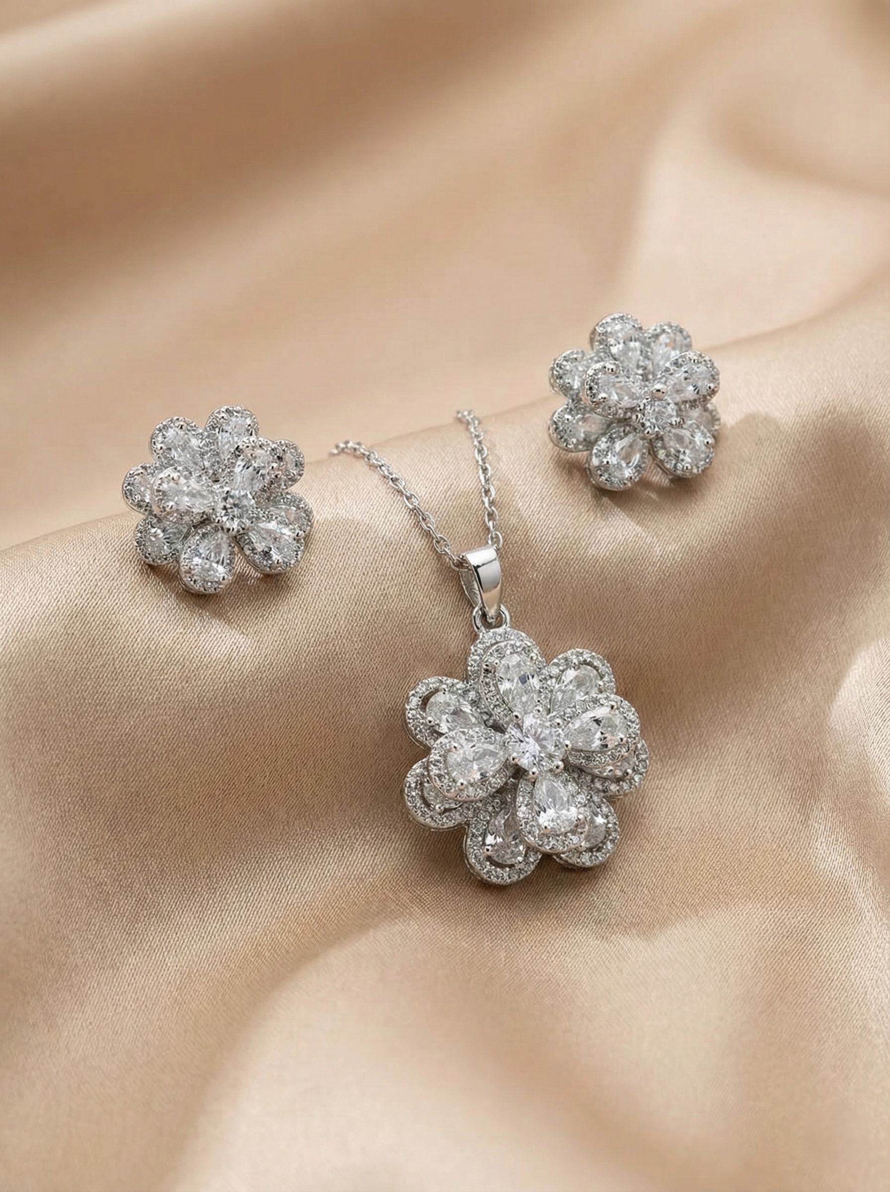 Silver-Toned American Diamond (AD) Floral Pendant Set with Earrings