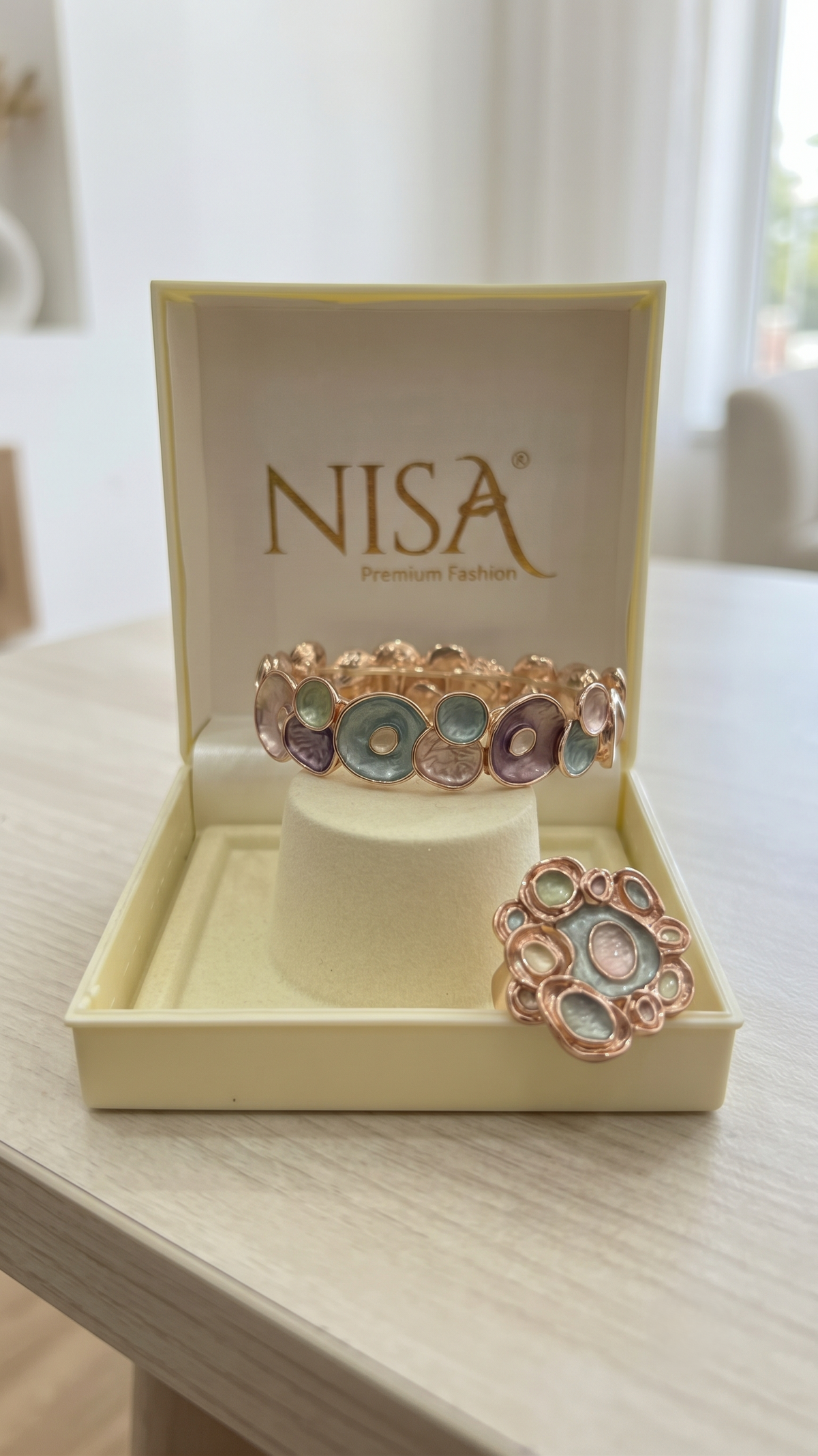 Nisa Artisan Pastel Glaze Textured Bracelet and Ring Jewelry Set