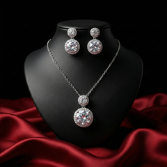 Radiant Silver-Tone American Diamond (AD) Pendant & Earrings Set