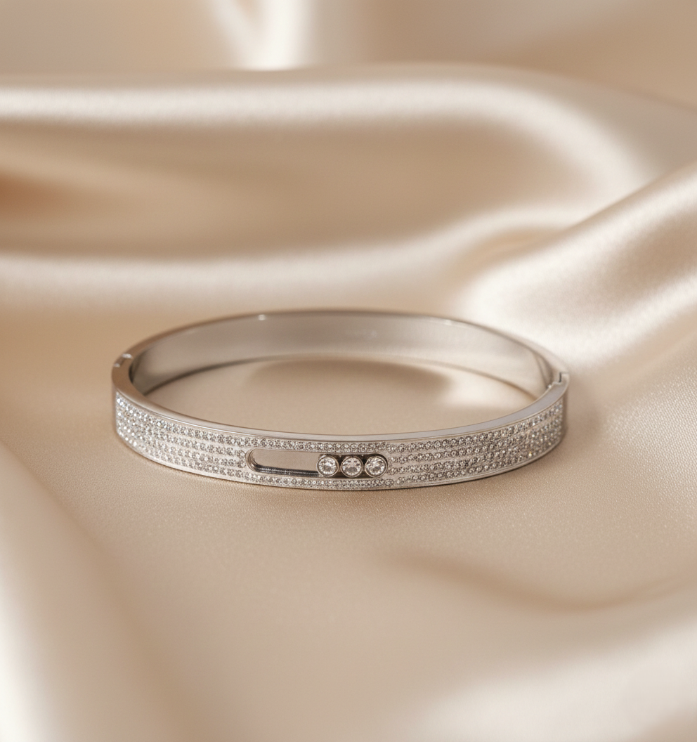 Nisa Premium Silver-Polish Three-Moving Design With Diamond Studded Bracelet For Women and Girls