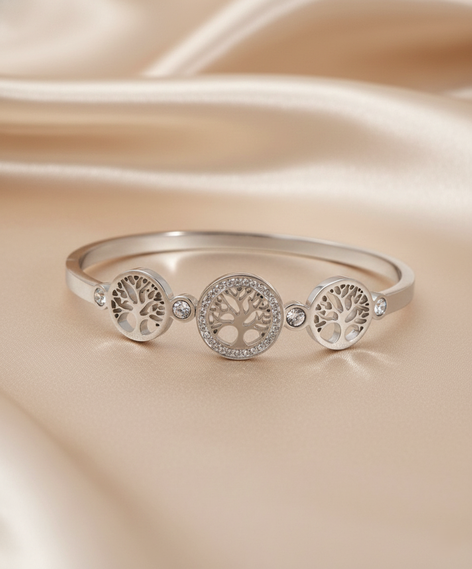 Nisa Premium Silver Polish Tree Design With Diamond Studded Bracelet For Women and Girls