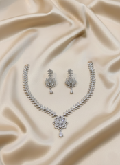 Silver Floral Bloom AD Necklace & Earrings Set