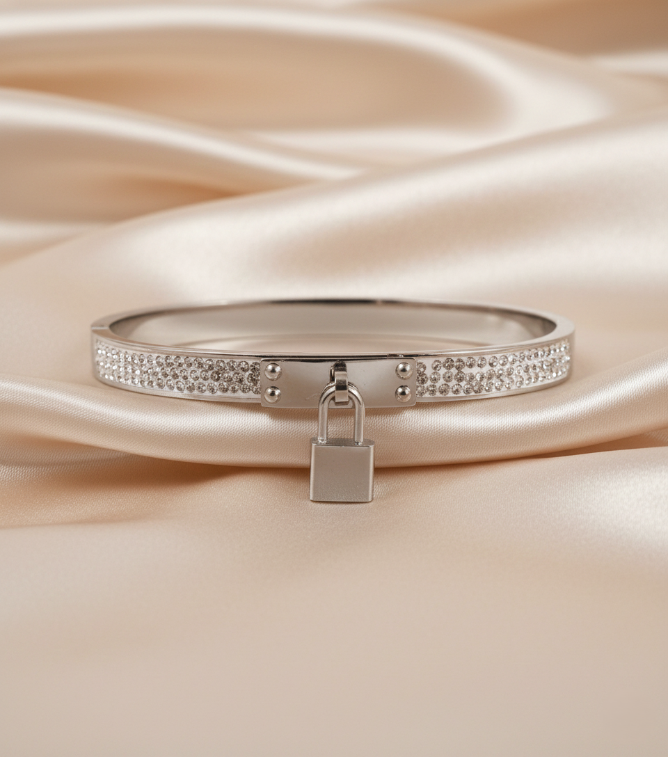 Nisa Premium Silver-Polish Hanging-Lock Design With Diamond Studded Bracelet For Women and Girls