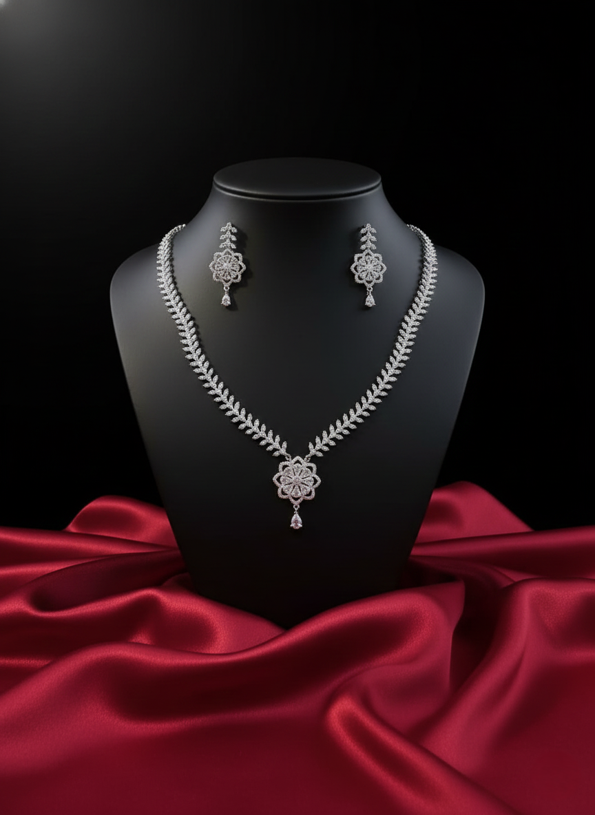 Silver Floral Bloom AD Necklace & Earrings Set