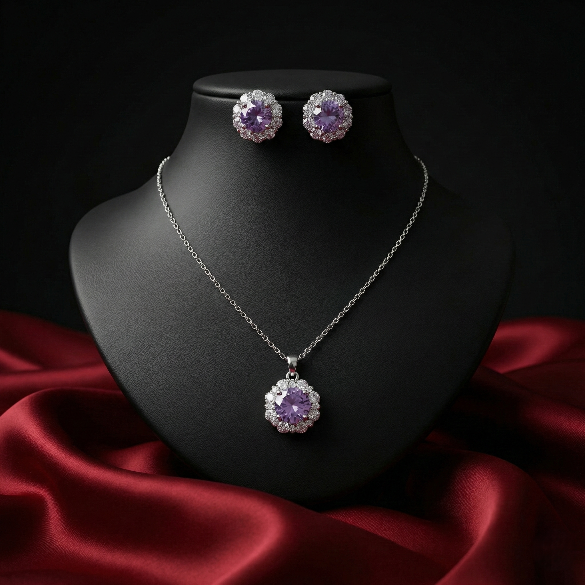 Crystal Floral Pendant Set – Silver Finish