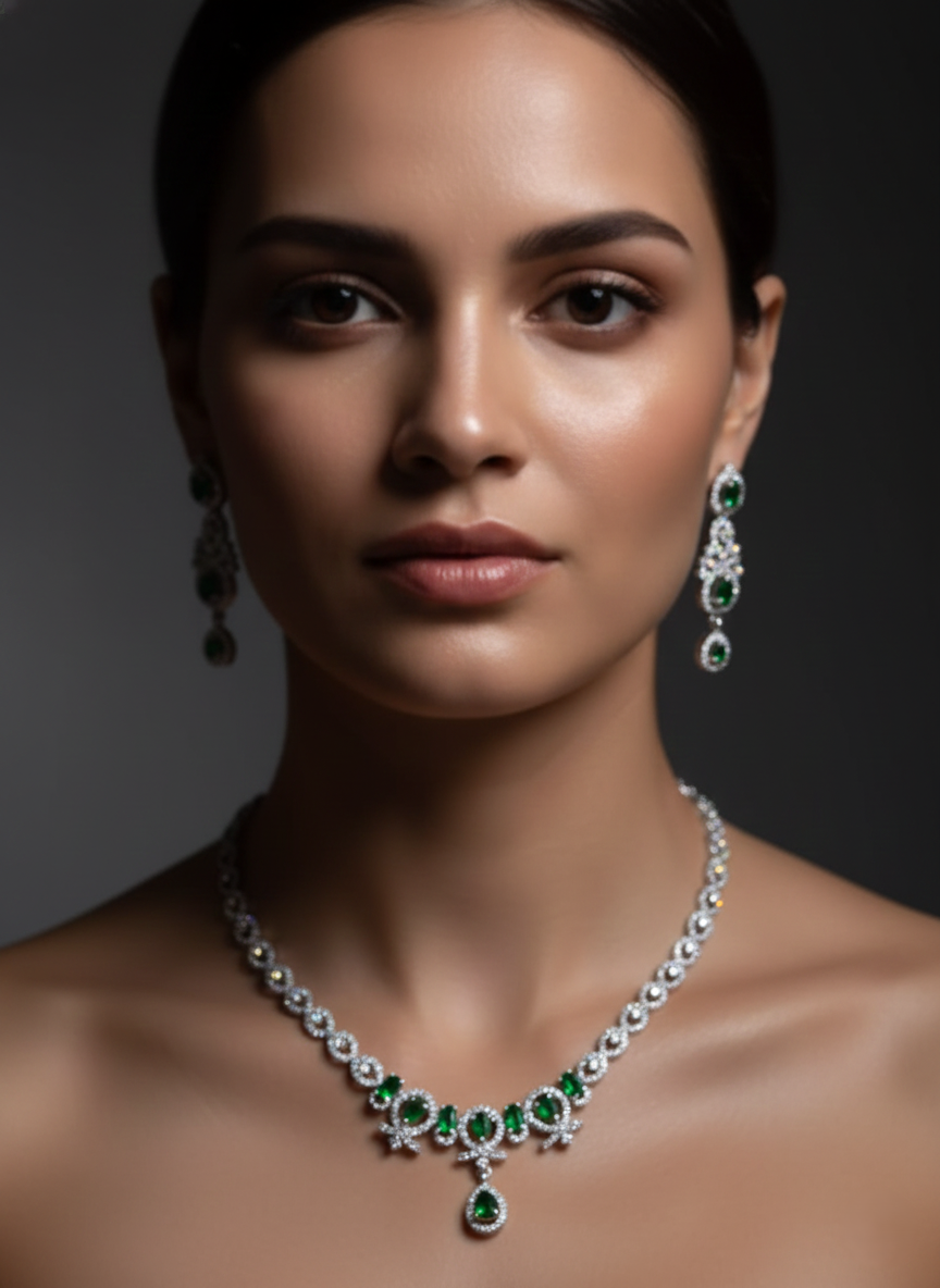 AYNA Emerald Green & Silver AD Necklace Set