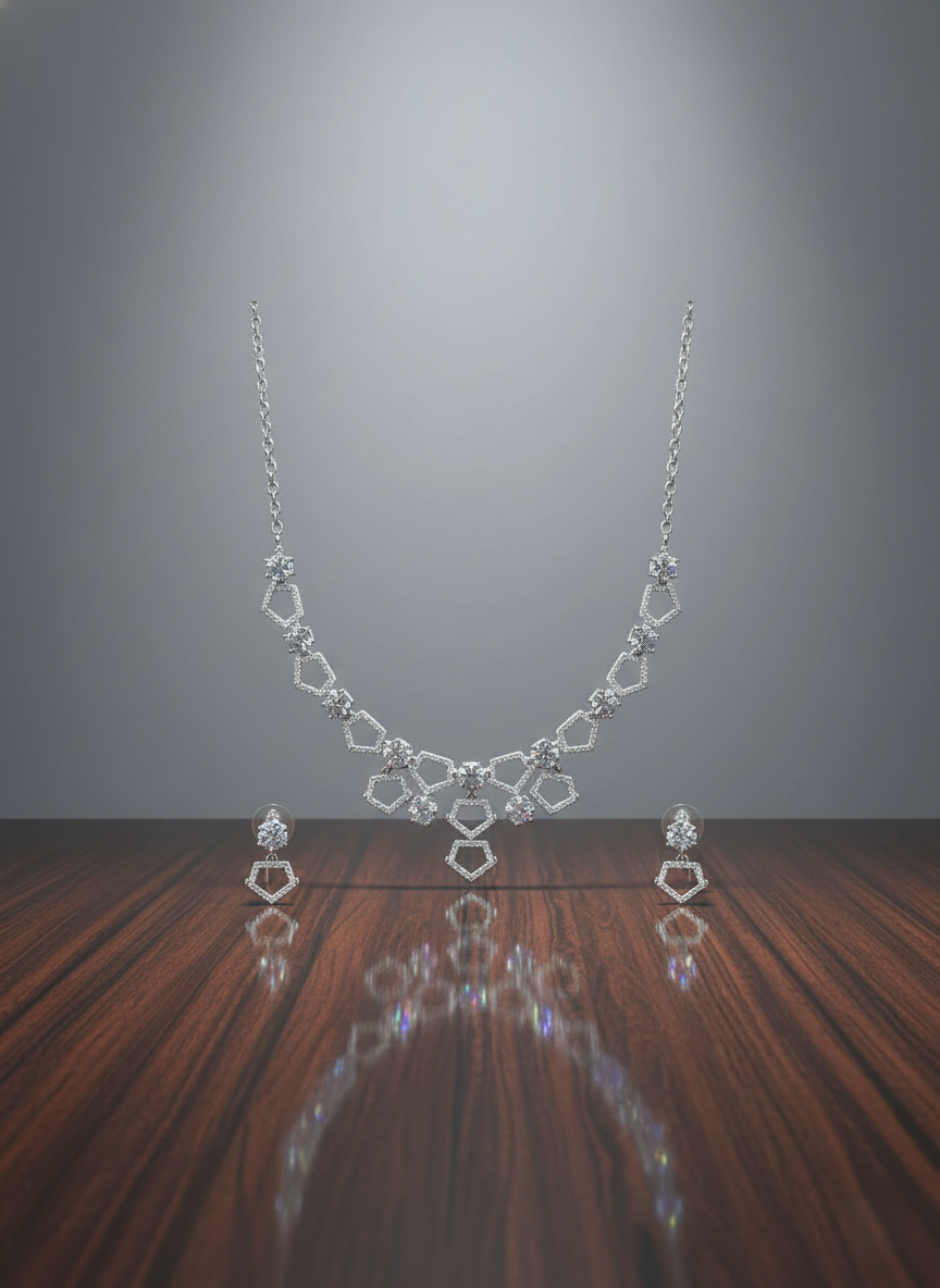 NISA Rhodium-Plated AD Necklace & Earring Set