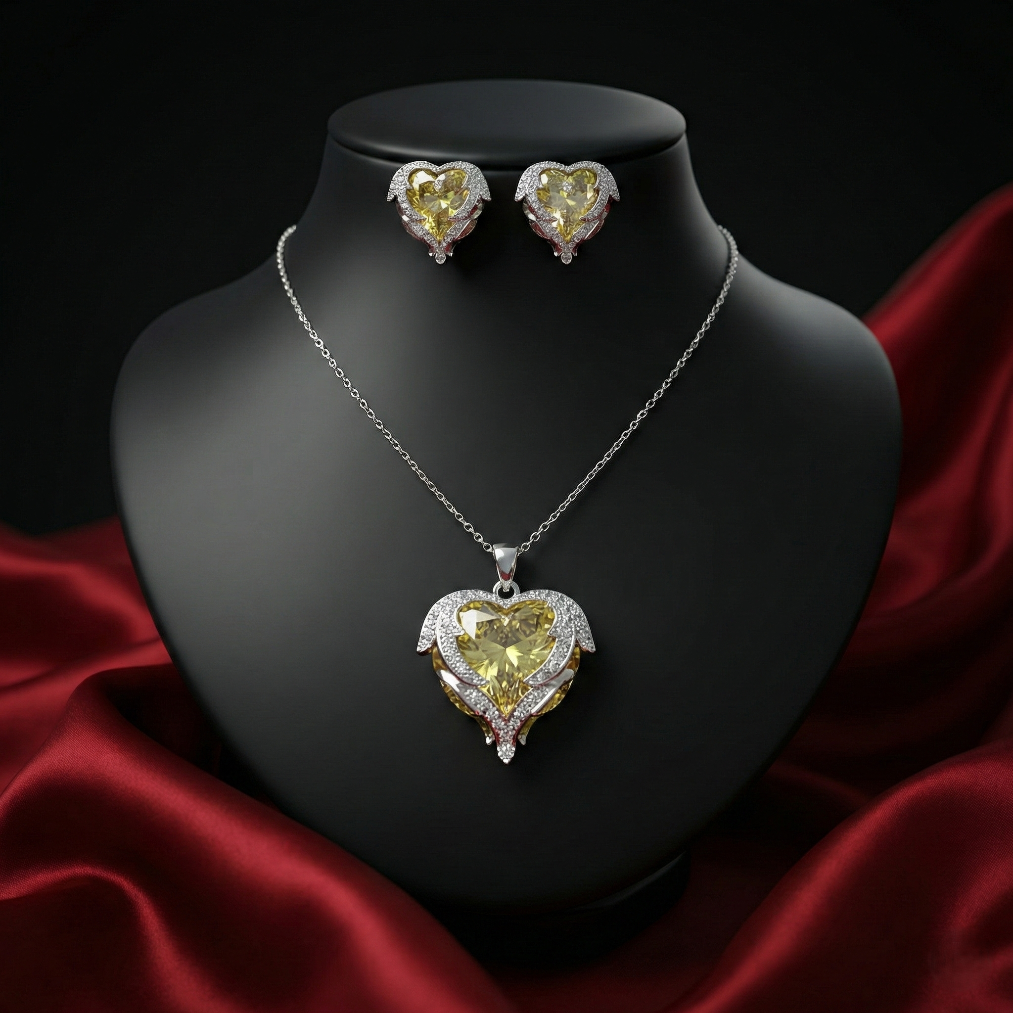 Iridescent Heart Crystal Pendant Set with Matching Earrings – Silver Tone