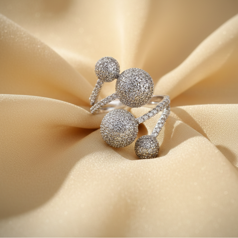 Nisa Premium Silver-Polish Branch Shape Design With Diamond Studded Fingering For Women and Girls