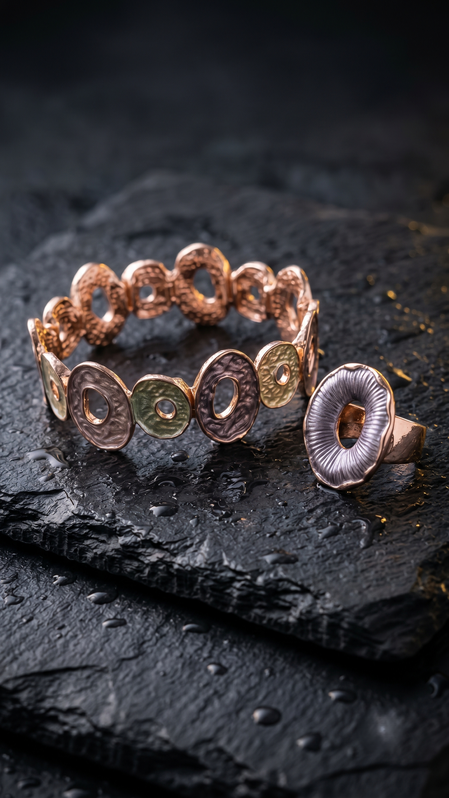 Nisa Pastel Enamel Oval Motif Bracelet & Statement Ring Combo