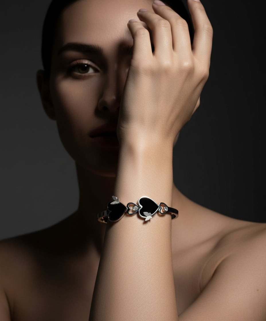 Nisa Premium Silver Polish Beautiful Butterfly And Heart Design With Daimond And Ceramic Studded Bracelet For Women and Girls