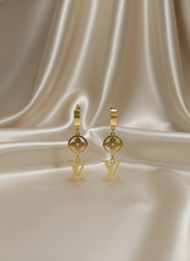 Stainless Steel Golden Monogram & Flower Drop Earrings