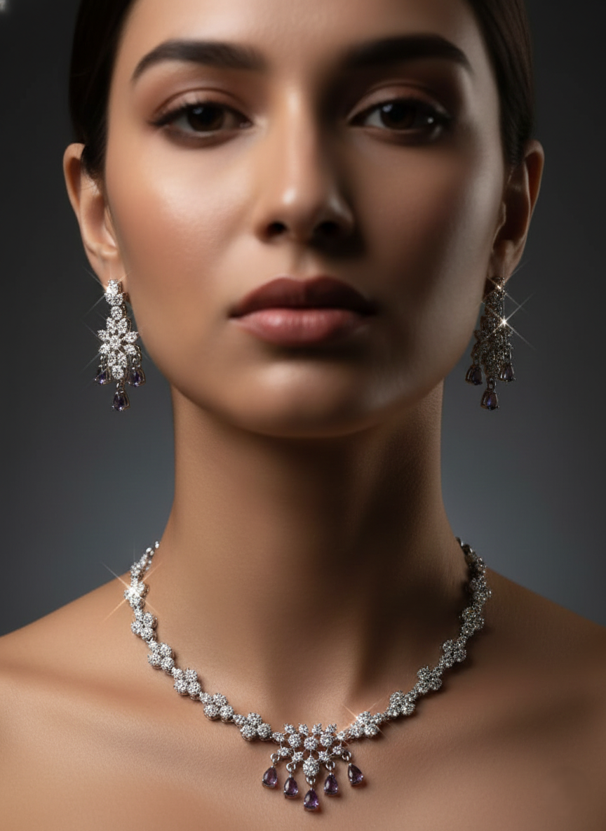 Purple Floral Bloom AD Necklace with Amethyst Accents