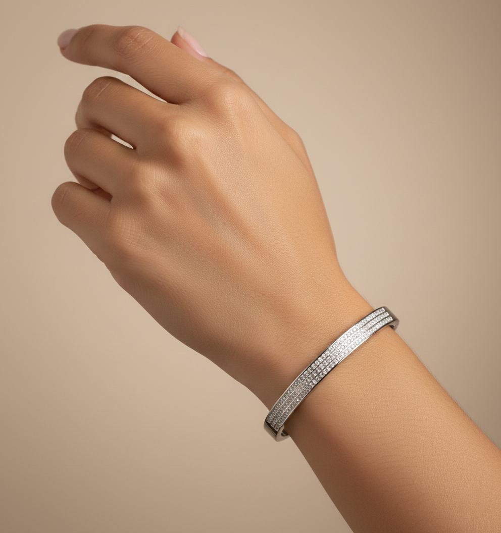 Nisa Premium Silver Polish Delicate Three-Line Design With Diamond Studded Bracelet For Women and Girls