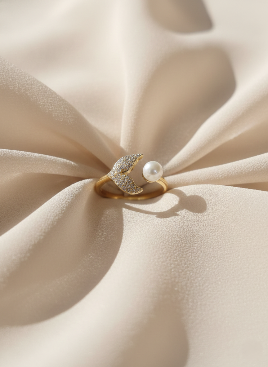 Gold-Tone Mermaid Tail & Pearl Open Finger Ring