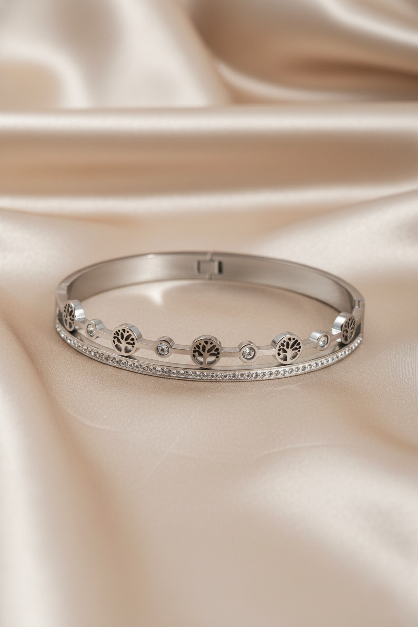 Nisa Premium Silver-Polish Tree Shape Design With Diamond Studded Bracelet For Women and Girls