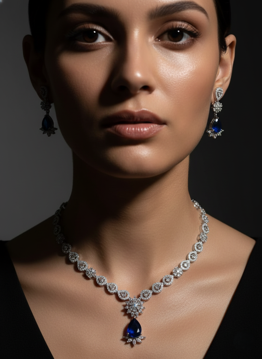 Royal Blue Pear-Drop AD Necklace & Earring Set