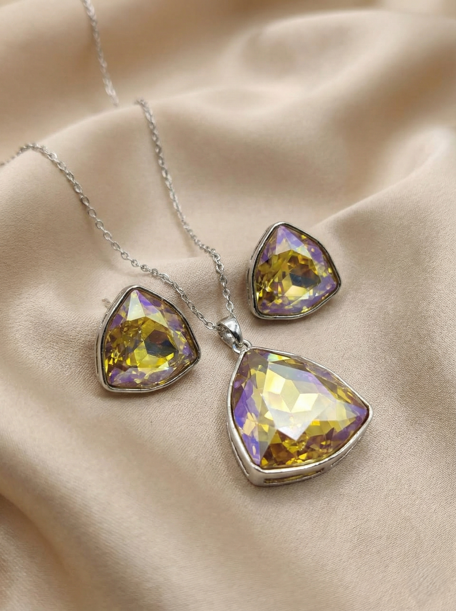 Silver-Tone Geometric Crystal Pendant Set & Matching Studs