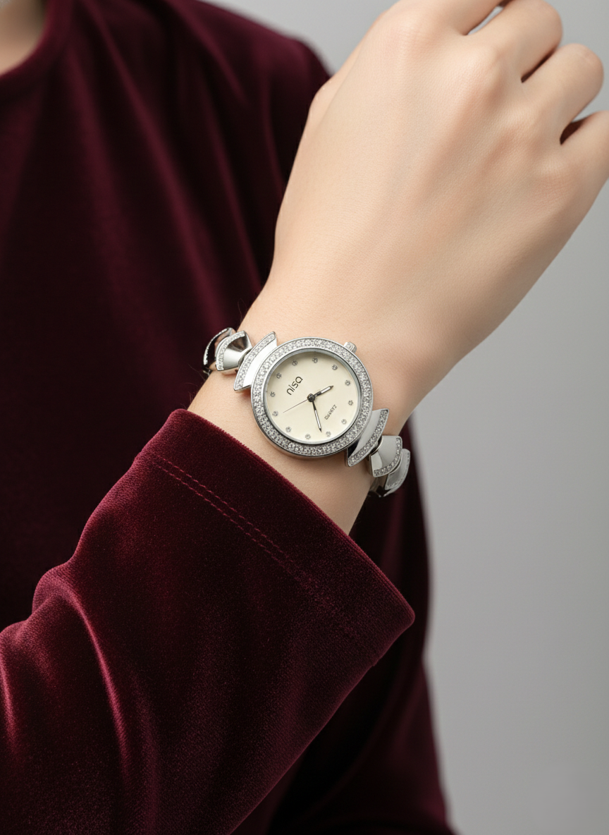 Nisa Designer Silver Women’s Watch with Crystal Accents