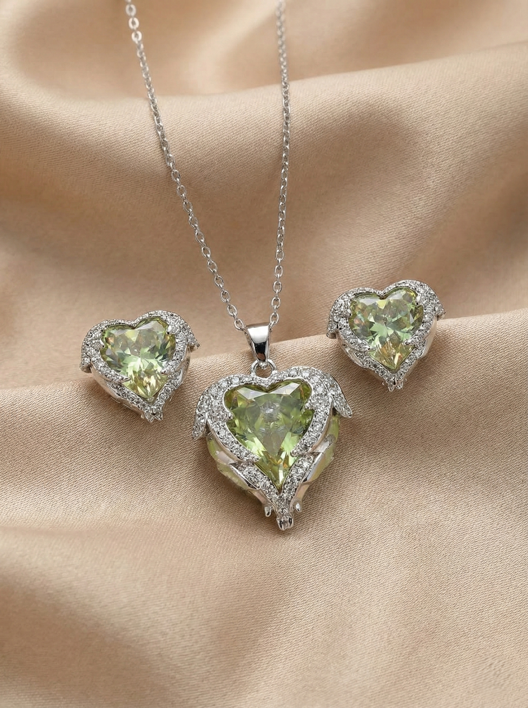 Iridescent Heart Crystal Pendant Set with Matching Earrings – Silver Tone