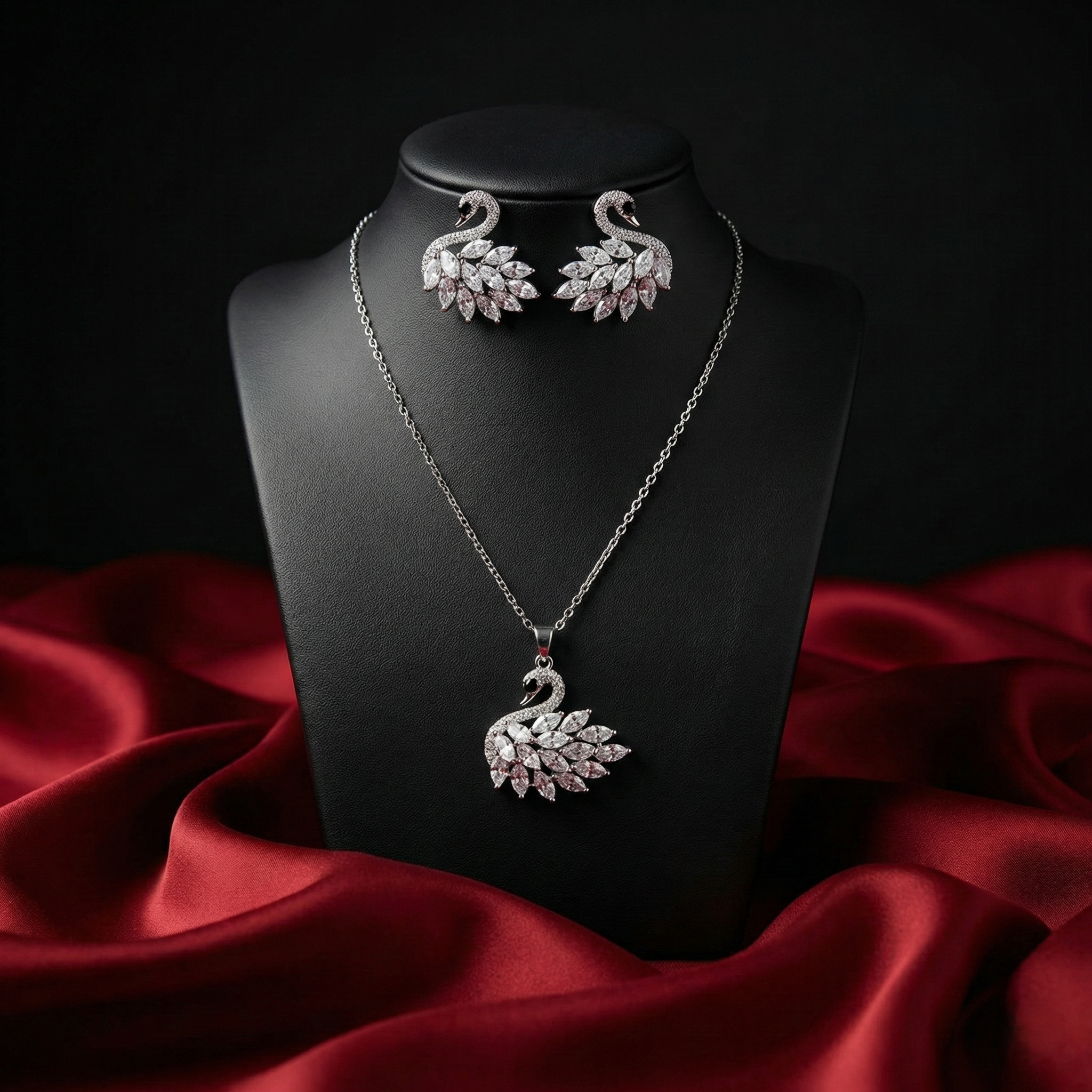 Crystal Swan Pendant Set with Matching Earrings