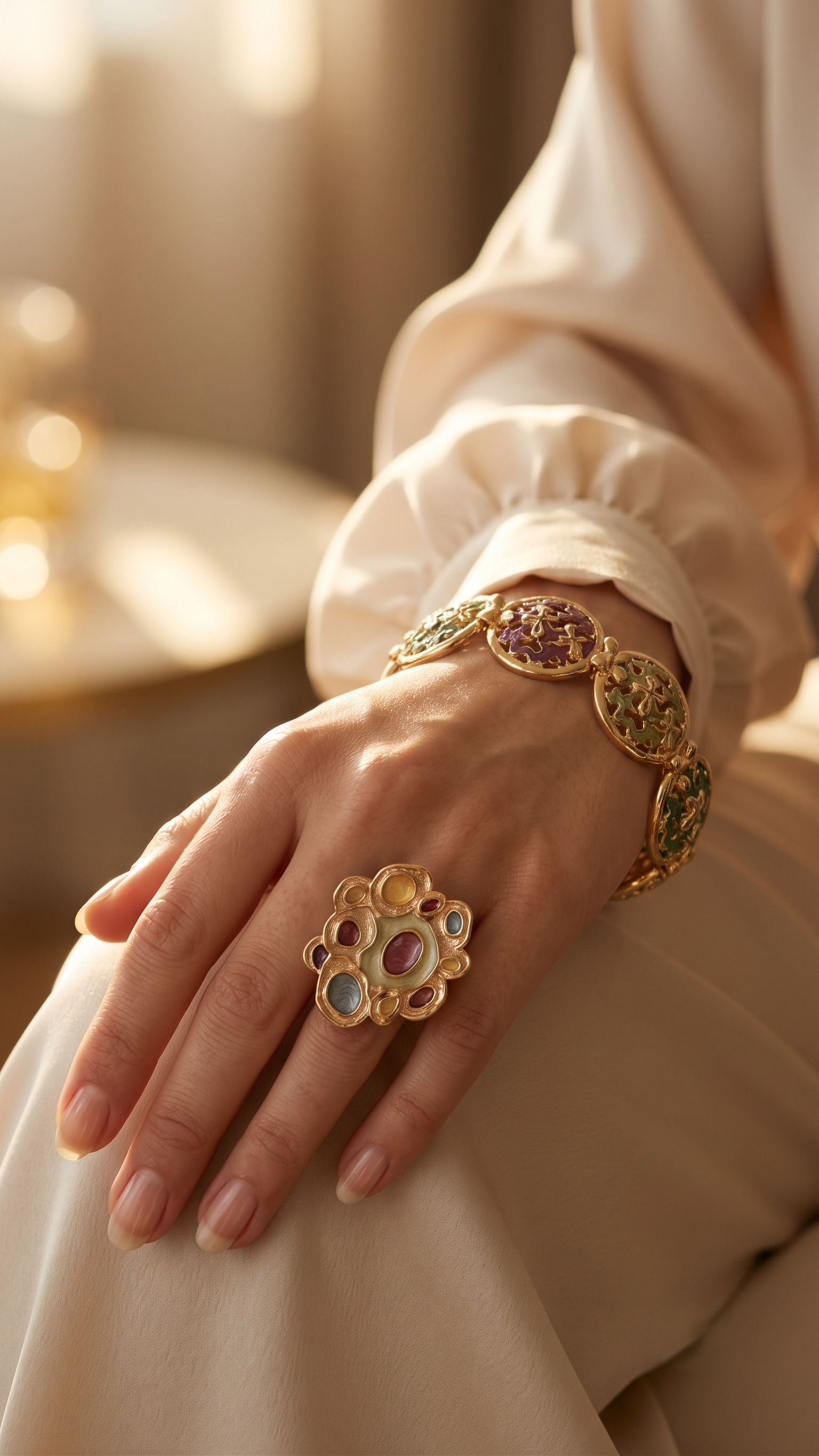 Nisa Pastel Enamel Oval Motif Bracelet & Statement Ring Combo