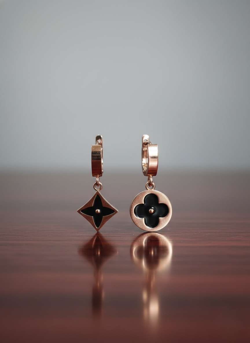 Stainless Steel RosGold-Tone Black Enamel Flower & Star Drop Earrings