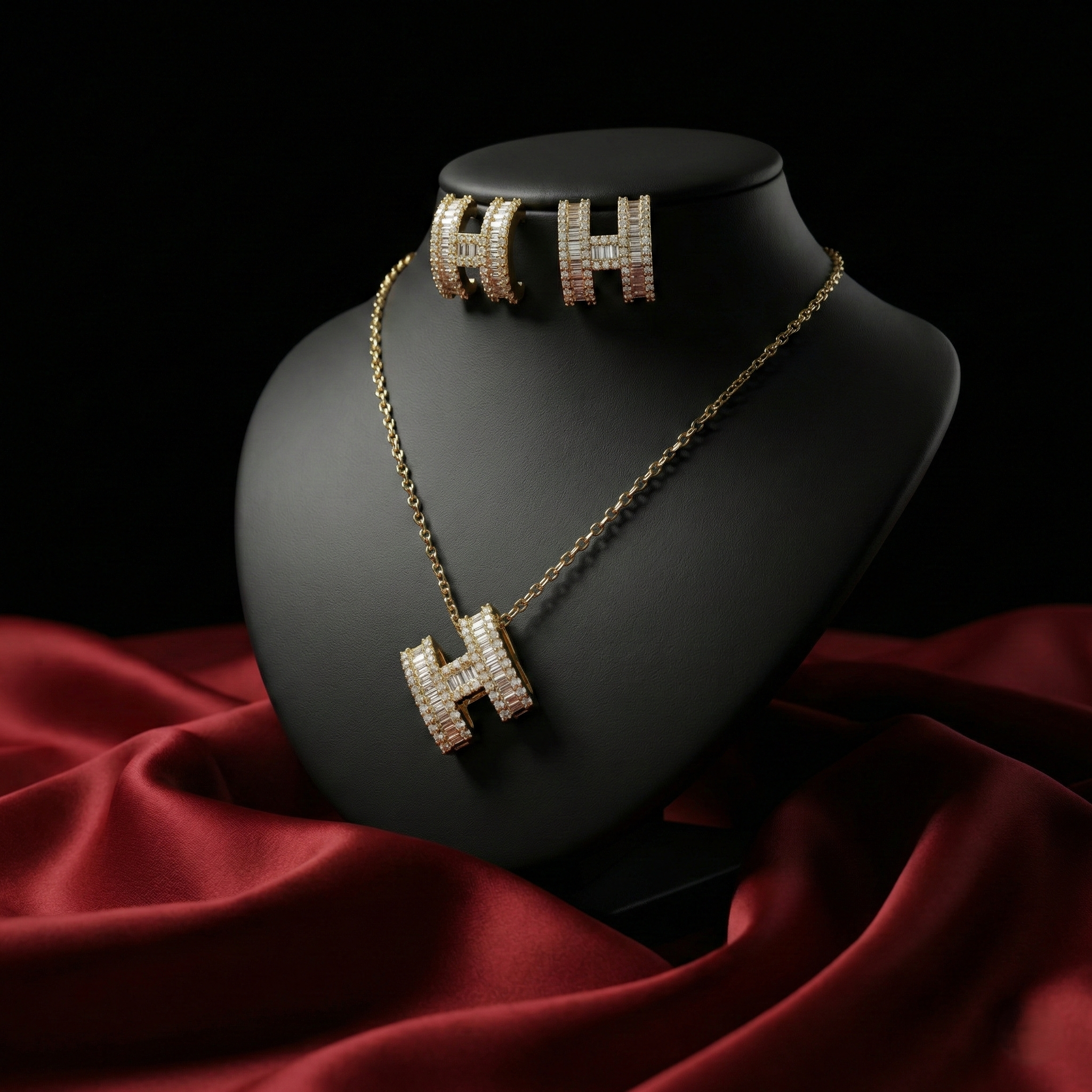 Luxe H-Design Baguette Stone Pendant Set with Matching Earrings