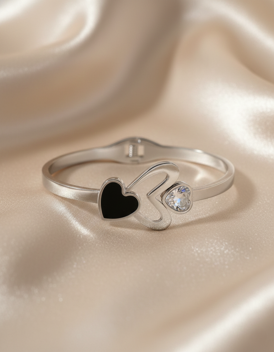 Nisa Premium Silver-Polish Heart Design With Diamond And Black Ceramic Studded Bracelet For Women and Girls