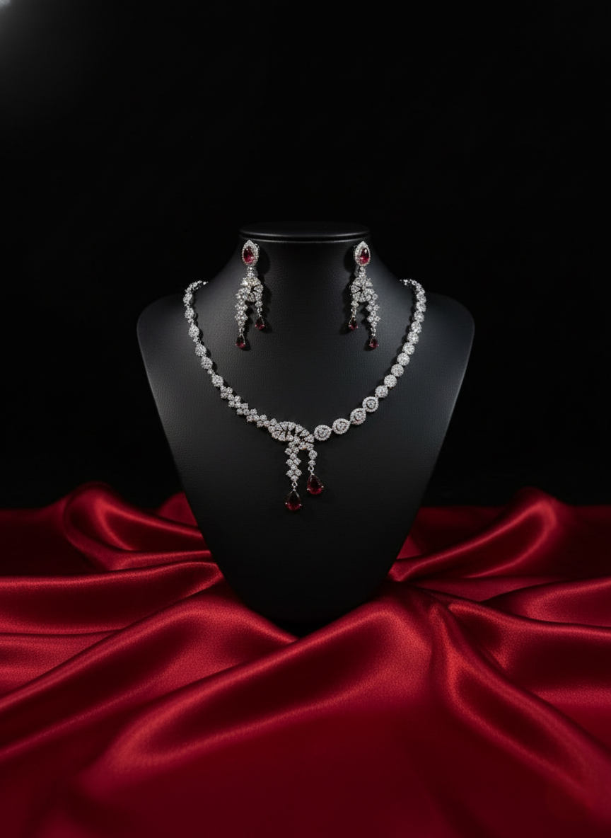 The Nisa Pear-Drop Ruby & Zirconia AD Necklace Set