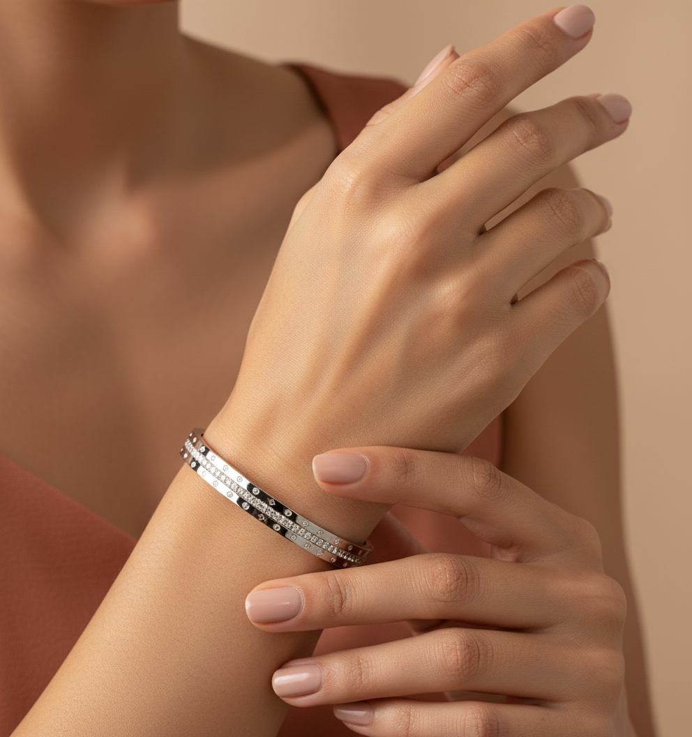 Nisa Premium Silver Polish Delicate Design With Daimond Studded Bracelet For Women and Girls