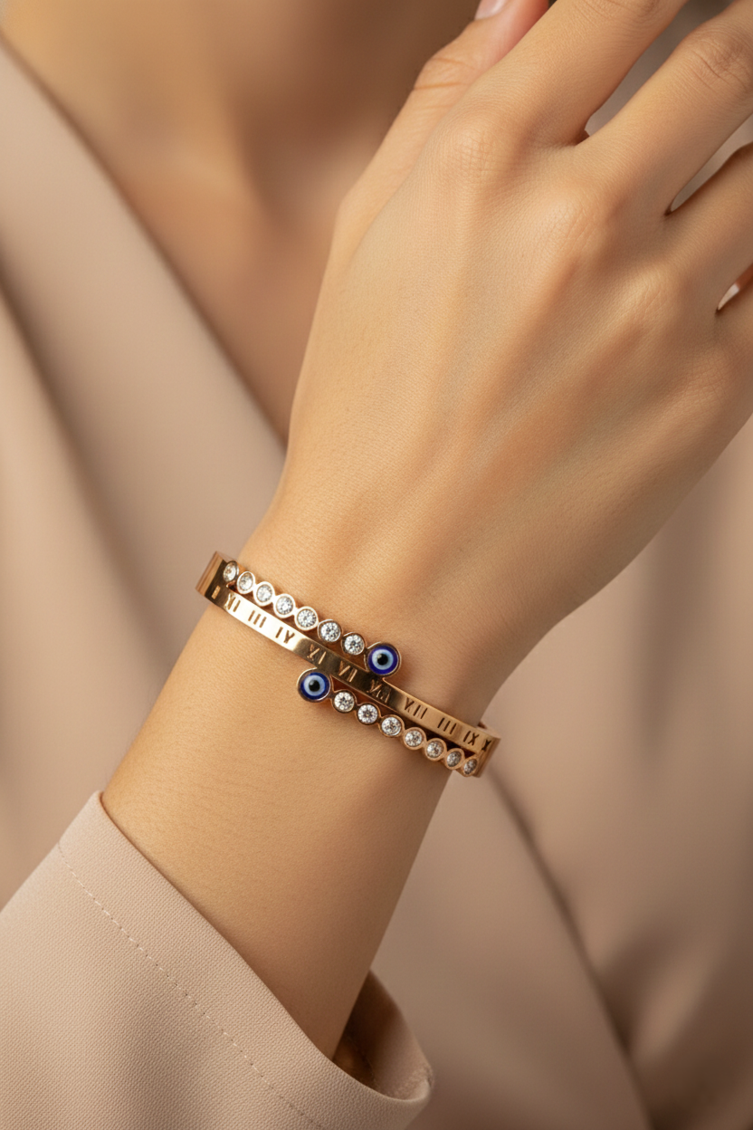 Nisa Premium Rose-Gold Polish Evil-Eye Design With Diamond Studded Bracelet For Women and Girls