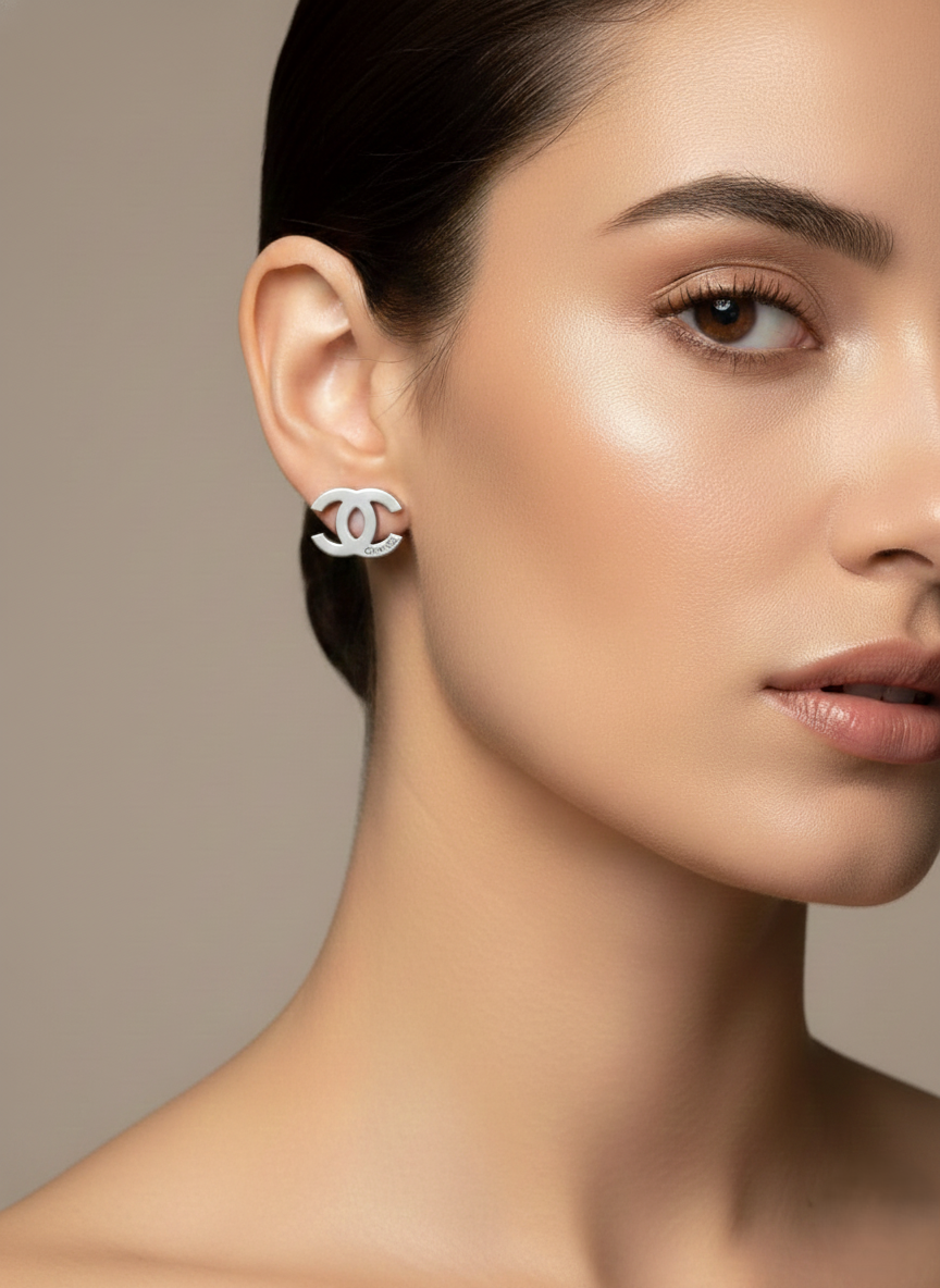 Stainless Steel Silver "C" Interlock Studs Earrings