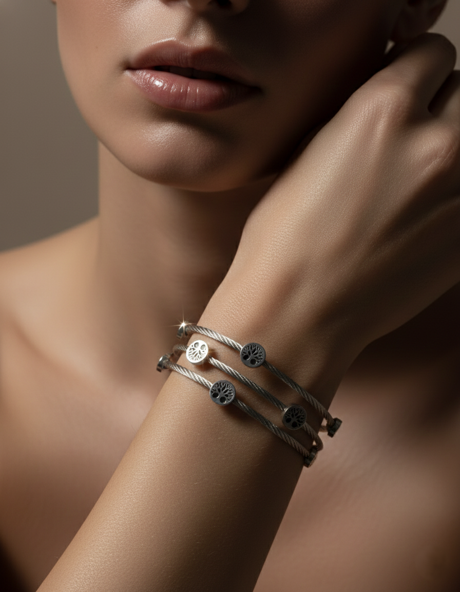 Nisa Premium Silver-Polish Tree Rings Design In Wire Bracelet For Women and Girls