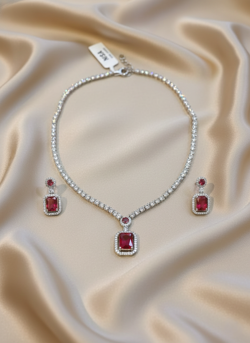 NISA  Red Crimson AD Necklace & Earring Set