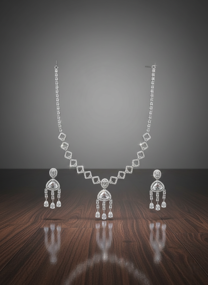 Nisa Geometric Chandelier AD Necklace & Earrings Set