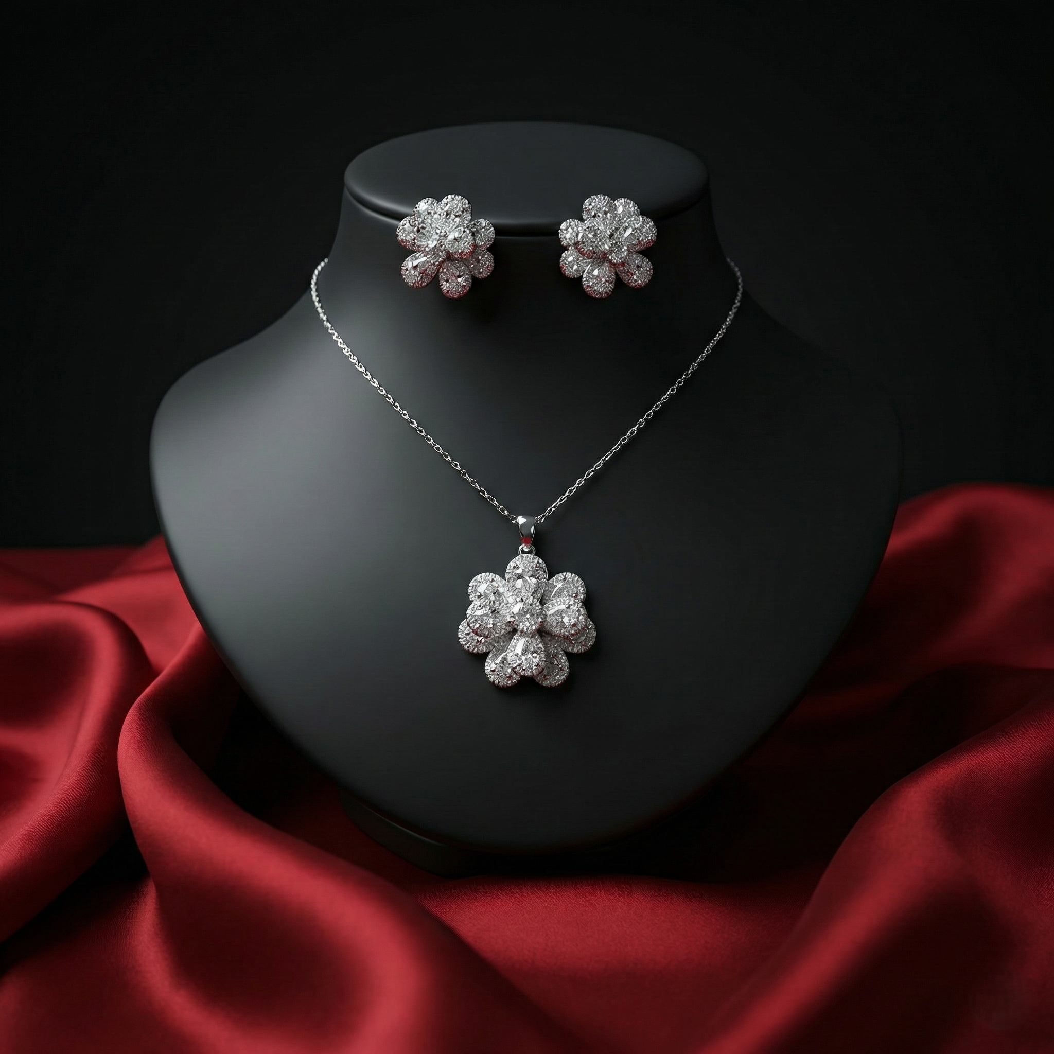 Silver-Toned American Diamond (AD) Floral Pendant Set with Earrings