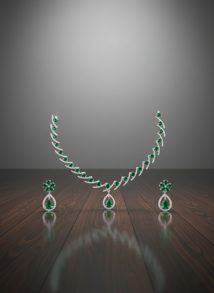 NISA Emerald Green & Silver AD Necklace Set